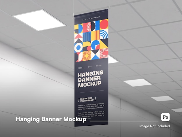 PSD realistic hanging banner mockup in indoor setting