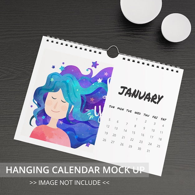 PSD realistic hanging calendar mock up on dark brown table