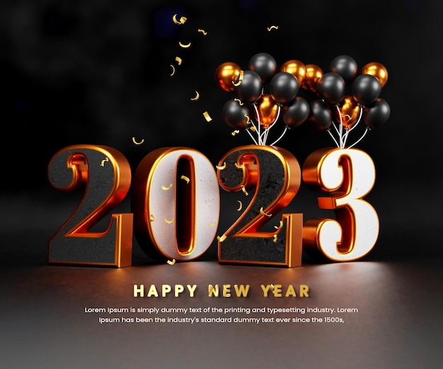 PSD realistic happy new year 2023 celebration banner or happy new years background template with balloon