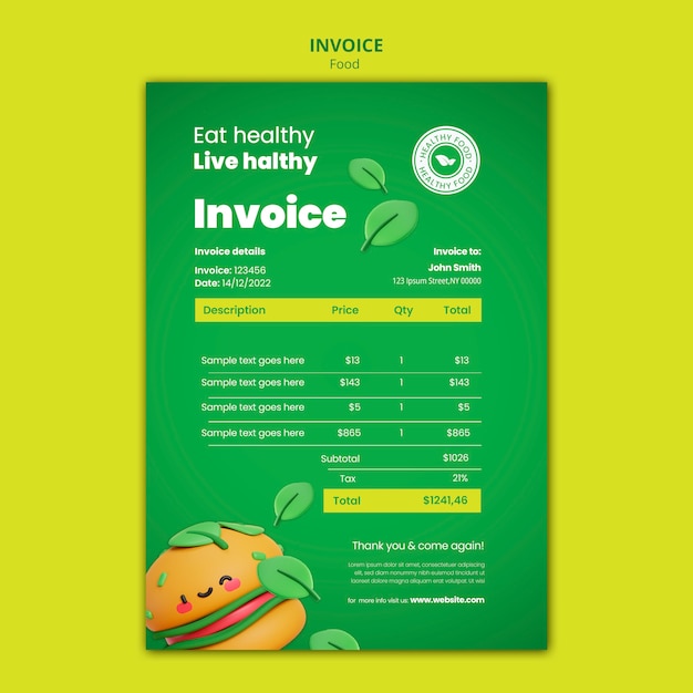 PSD realistic healthy food invoice template