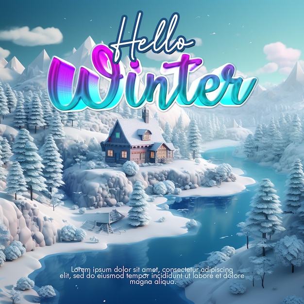 PSD realistic hello winter poster with winter background