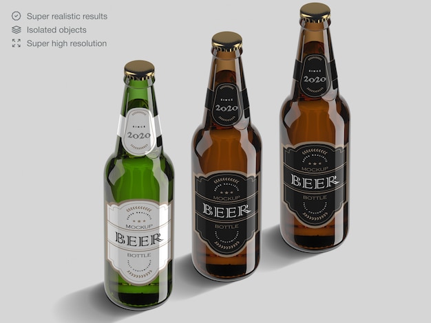 Realistic high angle brown and green glass beer bottle mockup template