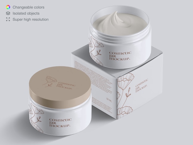 Realistic high angle plastic cosmetic face cream jars and cream box mockup template