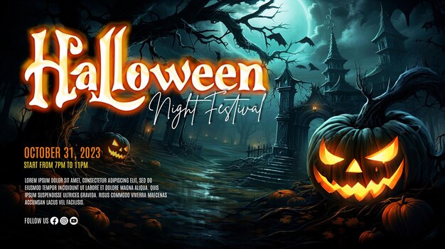 PSD realistic horizontal banner template for halloween night festival