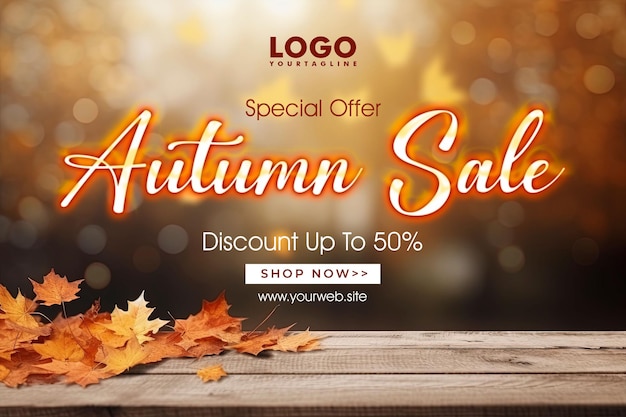 PSD realistic horizontal sale banner template for autumn celebration
