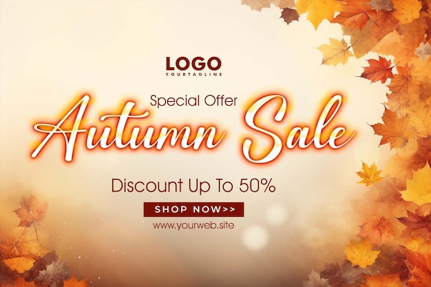 PSD realistic horizontal sale banner template for autumn celebration