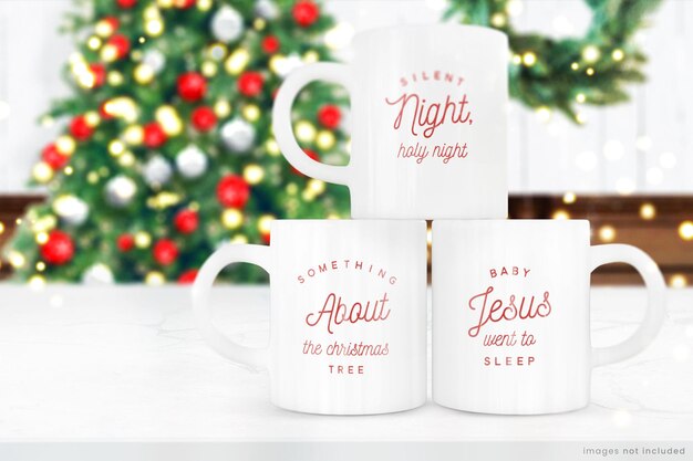 Realistic hot cocoa mug mockup of a stack of three cups on christmas background with lights