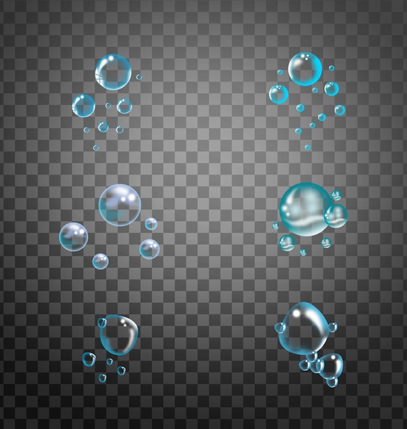realistic icons set with soap bubbles of different shape isolated on a transparent background