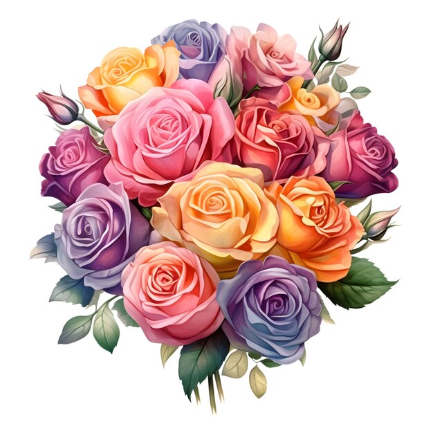 PSD realistic illustration of a colorful rose bouquet with lush green leaves generative ai