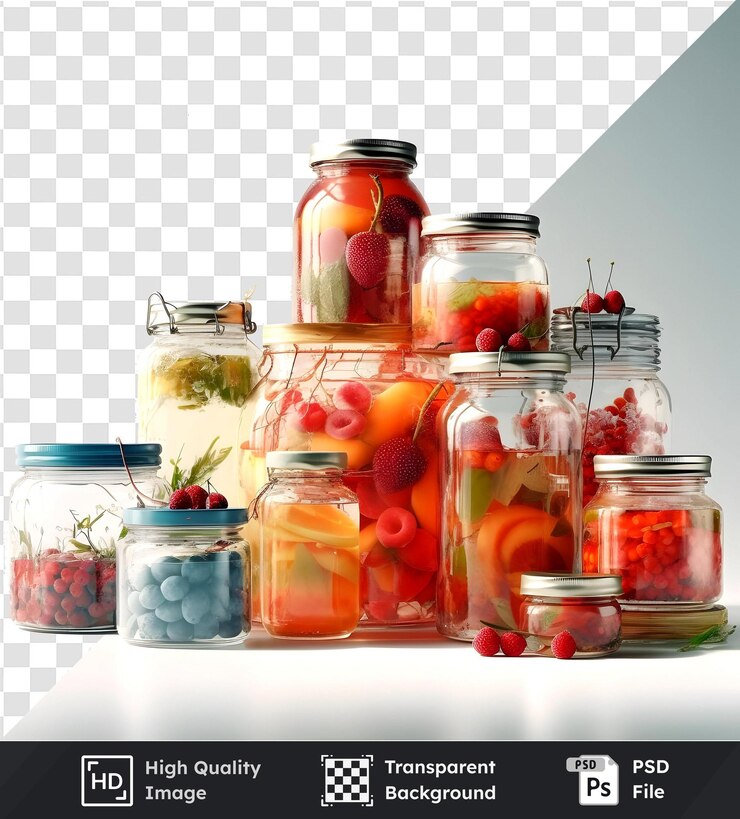 PSD реалистичное изображение различных консервированных летних фруктов в банки на прозрачном псд