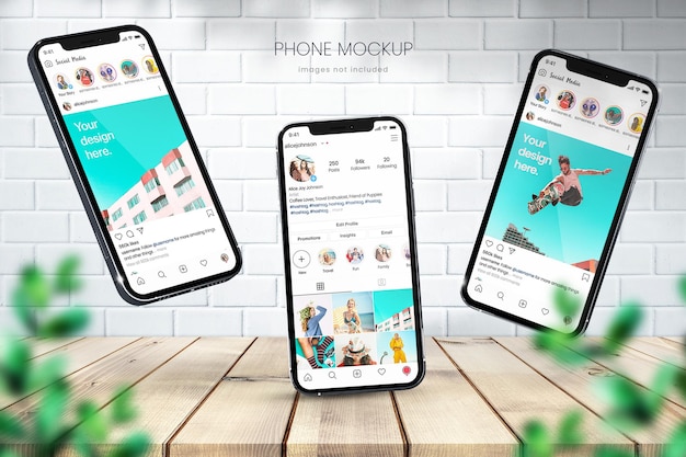 Реалистичный макет телефона Instagram из трех смартфонов на фоне белого кирпича