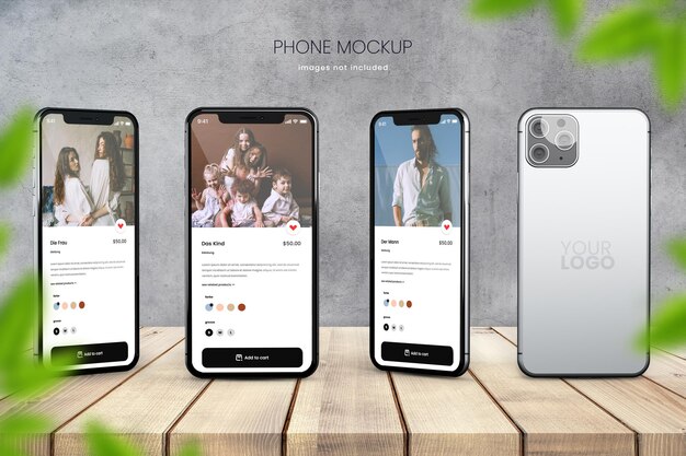 Iphone 13 realistico di quattro schermi del telefono su sfondo minimalista