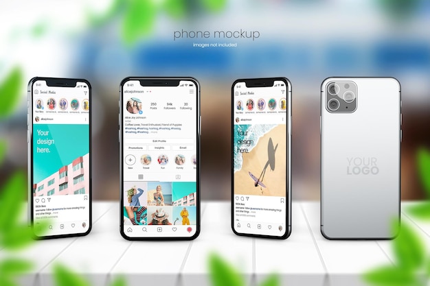 Mockup realistico di iphone 13 di quattro telefoni su sfondo sfocato all'aperto
