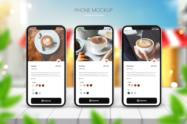 ぼやけたカフェの背景に3つの電話画面の現実的なiPhone13