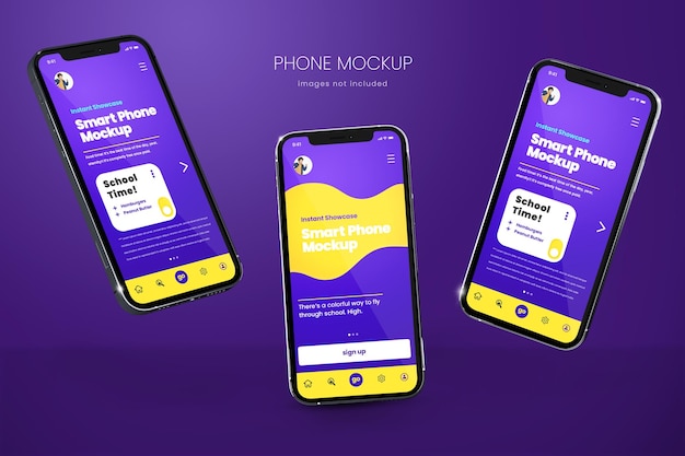Realistic iPhone 13 of three phone screens on purple background