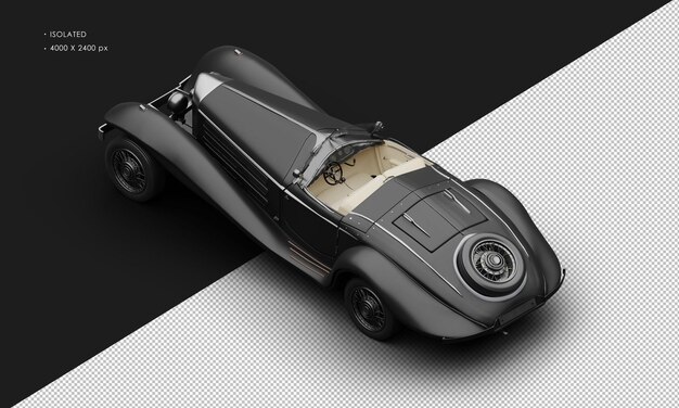 Реалистичный изолированный матовый черный элегантный классический винтажный автомобиль с верхнего левого заднего вида