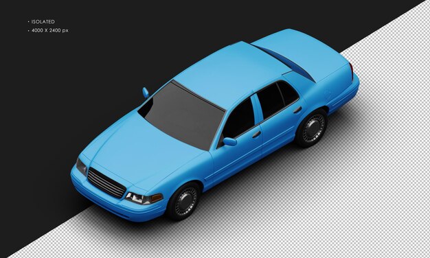 Realistic isolated matte blue classic city sedan car from top left front view