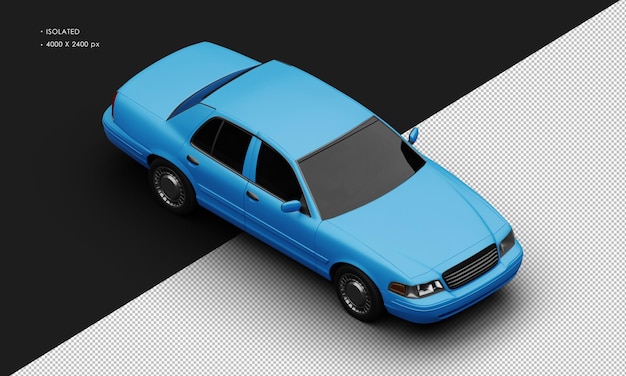 Realistic isolated matte blue classic city sedan car from top right front view