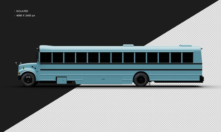 PSD realistic isolated matte blue conventional passenger bus from left side view