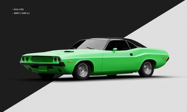 Realistic isolated matte green classic sport muscle car from left front view