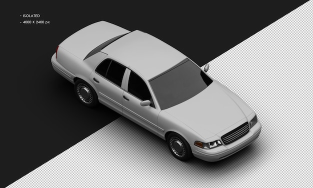 Realistic isolated matte grey classic city sedan car from top right front view