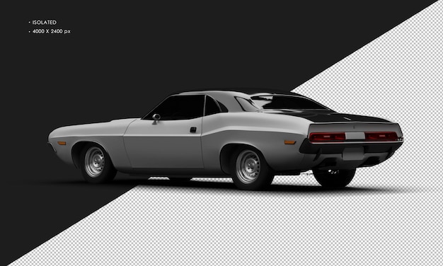 Realistic isolated matte grey classic sport muscle car from left rear view