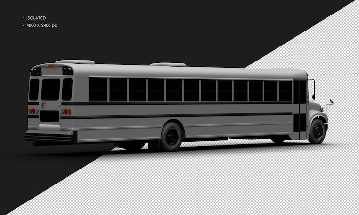 PSD realistic isolated matte grey conventional passenger bus from right rear view
