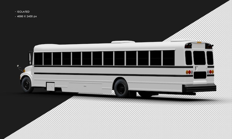 PSD realistic isolated matte white conventional passenger bus from left rear view
