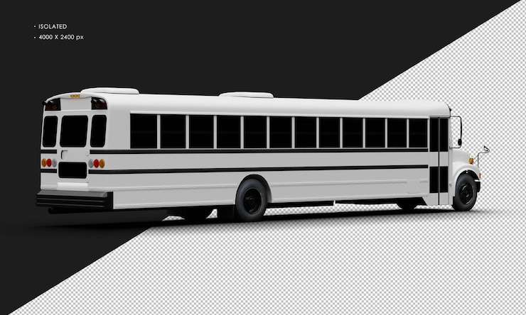 PSD realistic isolated matte white conventional passenger bus from right rear view
