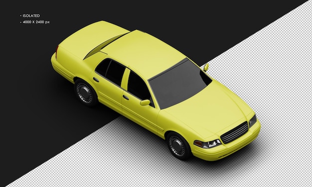 Realistic isolated matte yellow classic city sedan car from top right front view