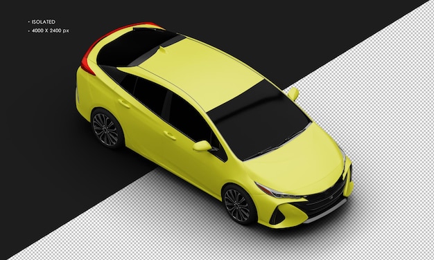 Realistic isolated matte yellow luxury hybrid city sedan car from top right front view