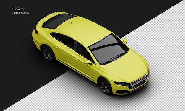 Realistic isolated matte yellow modern city sedan car from top right front view