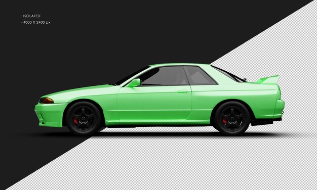 Realistic isolated metallic green classic sport racing car from left side view