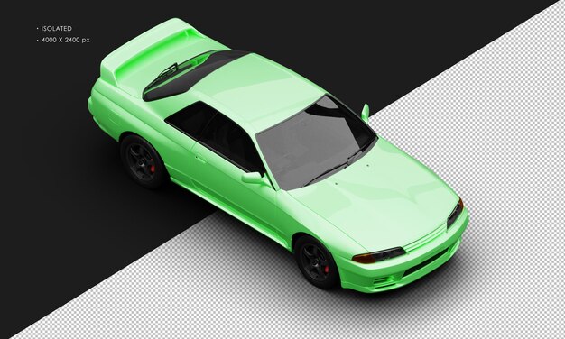 Auto da corsa sportiva classica verde metallizzato isolata realistica dalla vista frontale in alto a destra