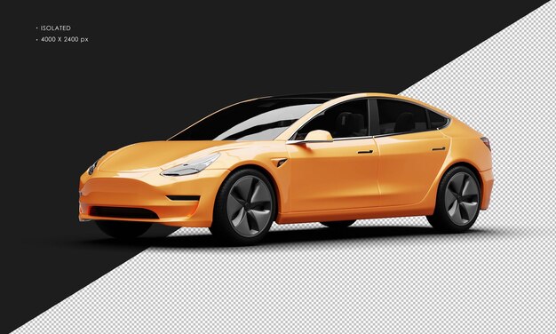 PSD realistic isolated metallic orange elegant modern electric sedan car from left front view