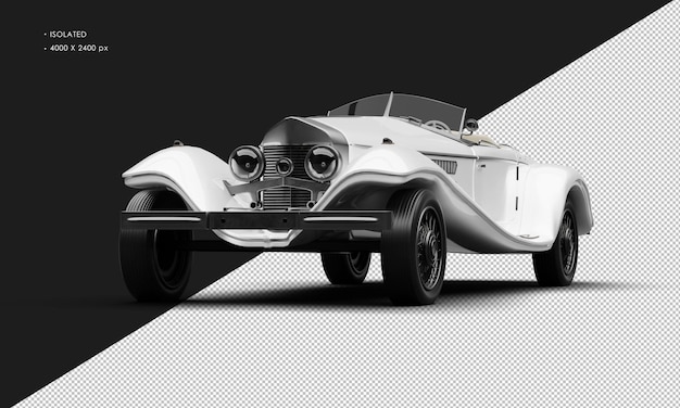 Realistic isolated metallic white elegant classic vintage car from left front angle view