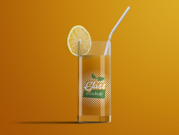 PSD Реалистичный изолированный макет стекла с фруктовым соком, долькой апельсина и коктейльной трубочкой