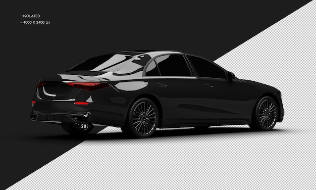 PSD realistic isolated shiny black luxury modern sedan car from right rear view