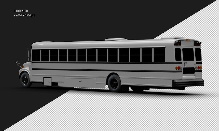 PSD realistic isolated shiny grey conventional passenger bus from left rear view