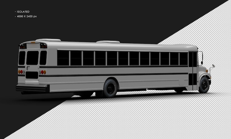 PSD realistic isolated shiny grey conventional passenger bus from right rear view