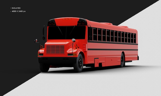 PSD realistic isolated shiny red conventional passenger bus from left front angle view