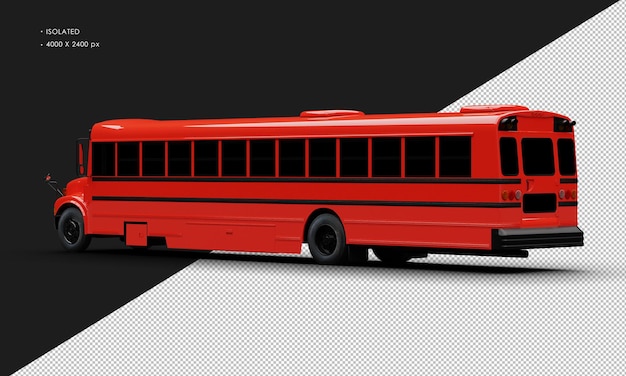 PSD realistic isolated shiny red conventional passenger bus from left rear view