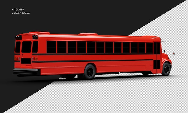 PSD realistic isolated shiny red conventional passenger bus from right rear view