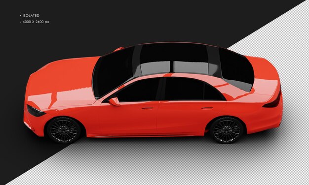 Realistic isolated shiny red luxury modern sedan car from top left view