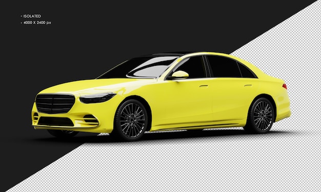 Realistic isolated shiny yellow luxury modern sedan car from left front view