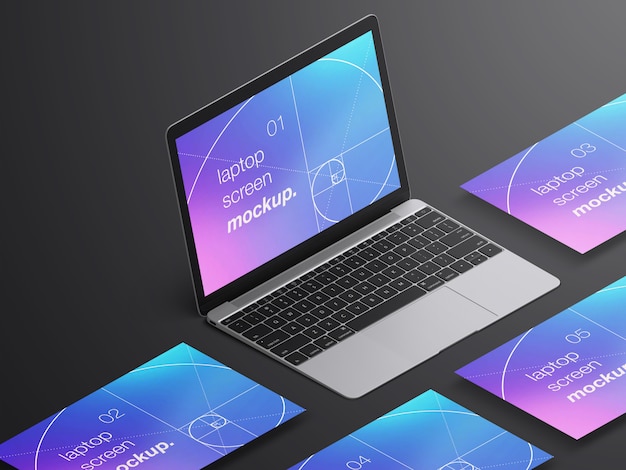 PSD realistic isometric macbook laptop screens mockup