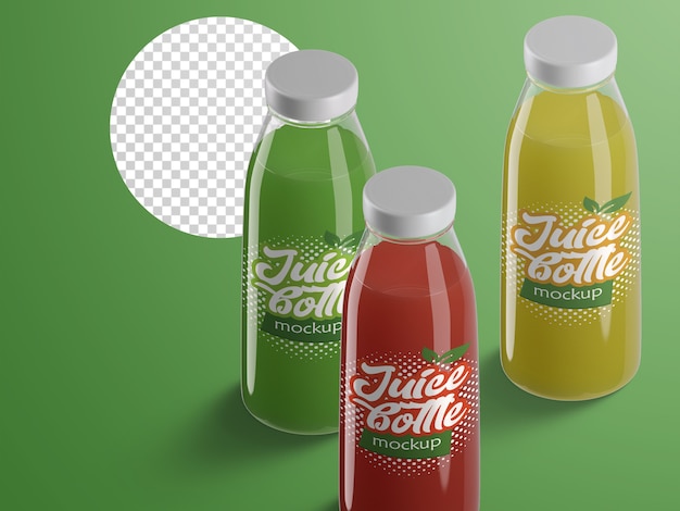 Realistic isometric mockup of plastic fruit juice bottles packaging