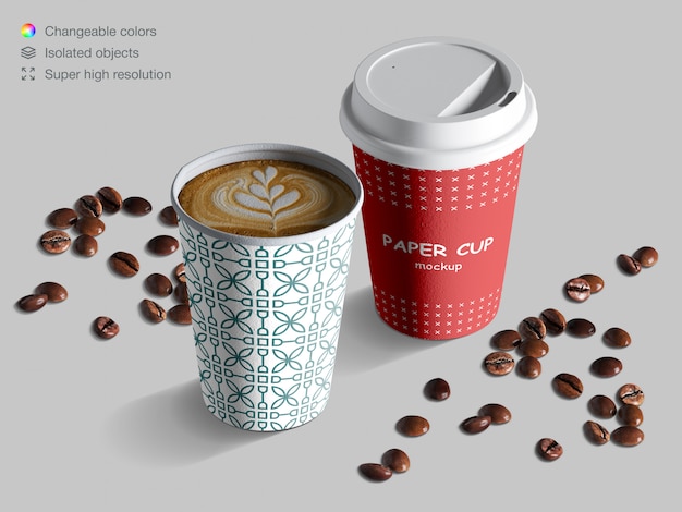 Realistic isometric paper cups mockup with coffee beans