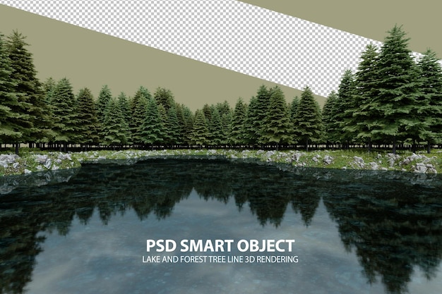 Realistic lake and forest tree line 3d rendering of isolated objects