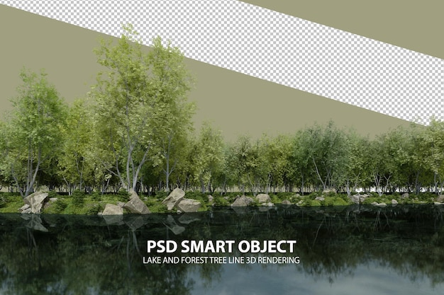 Realistic lake and forest tree line 3d rendering of isolated objects